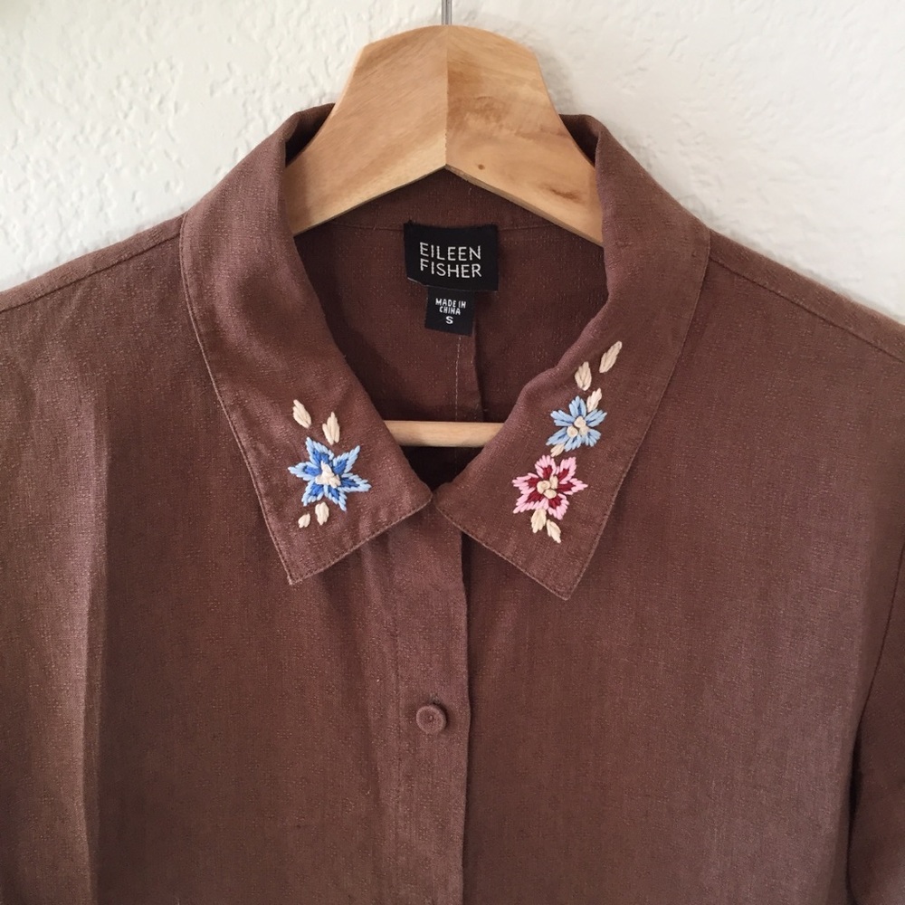Eileen Fisher 100% Linen Embroidered Brown Top